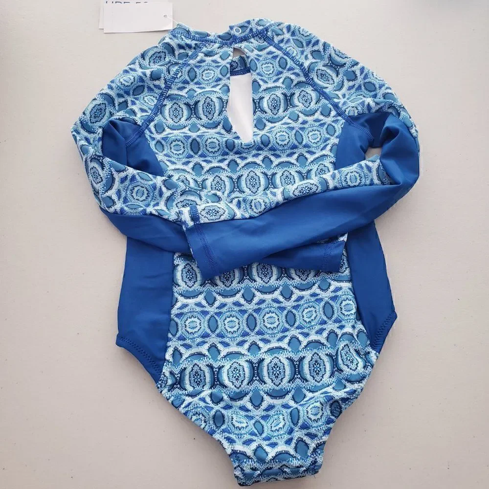 Cabana Life Little Girls Road Map Swim Unisuit 4 / 4T Exclusive Blue Long Sleeve